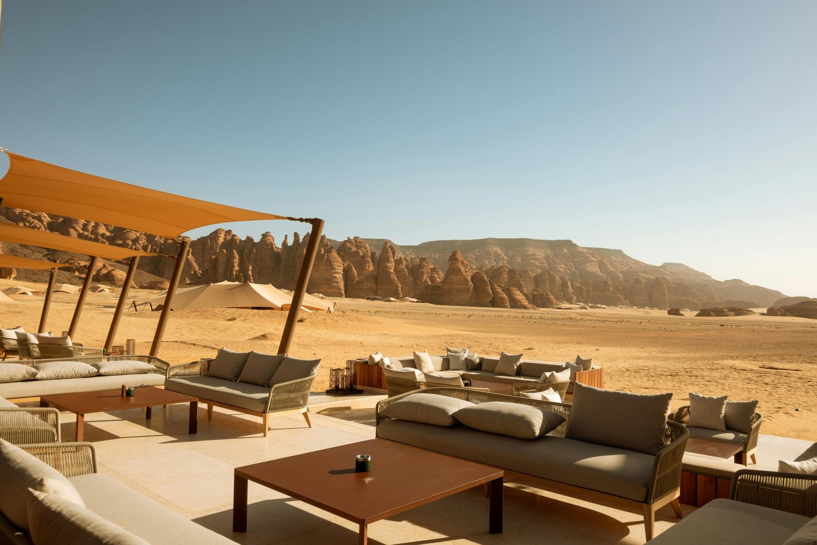 Experience luxury glamping with stunning views of AlUla, Saudi Arabia's iconic rock formations.